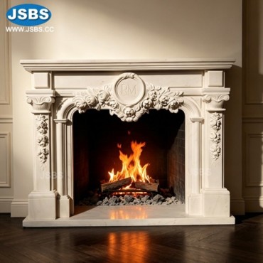 White Marble Floral Custom Fireplace Mantel, JS-FP607