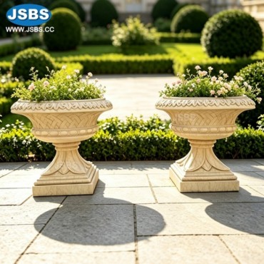 Beige Stone Garden Pedestal Planters, Beige Stone Garden Pedestal Planters
