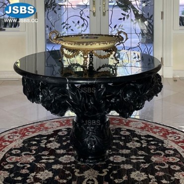 Black Marble Round Table with Hand Carved Floral Base, js-t198